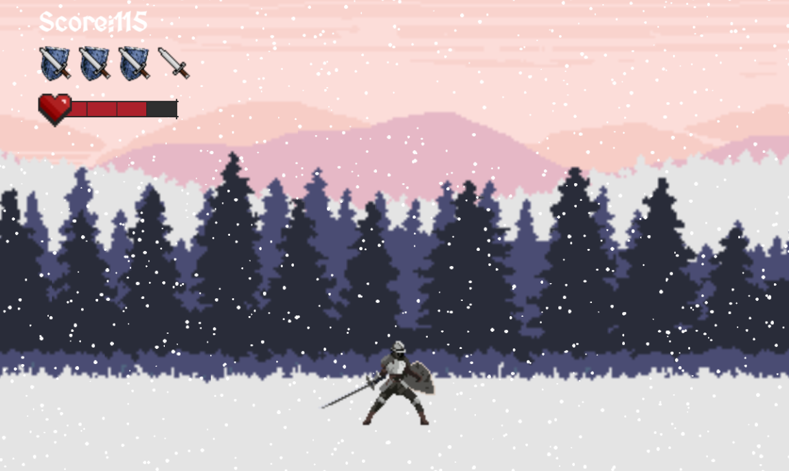 Image of a 2d knight standing amongst falling snow