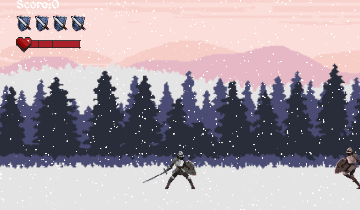 Image of a 2d knight standing amongst falling snow